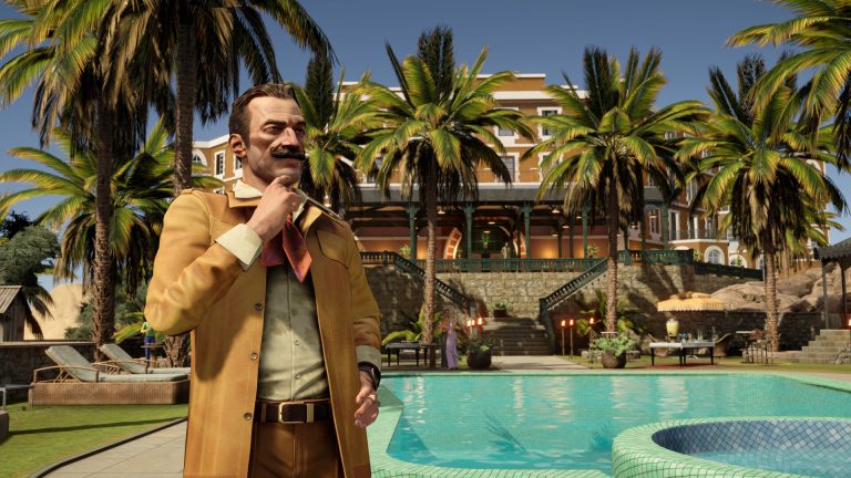 Official Agatha Christie Death on the Nile screenshot of Hercule Poirot at the Imperial Nile Hotel pool