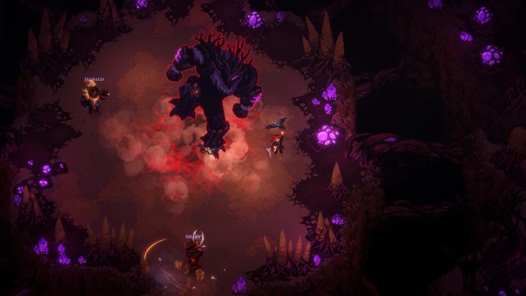 Official Dimraeth screenshot of three players fighting a large corrupted creature