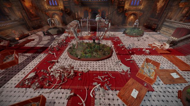 Overhead view of DinoBones museum with exhibit areas, fallen bones, crates, and the central skeleton