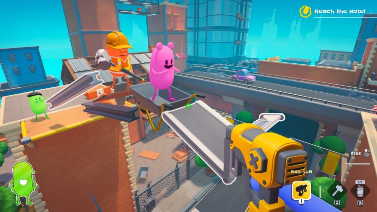 Official Dumb Ways to Build screenshot showing a crew making a path toward Hotel Hapless