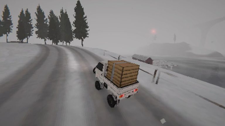 Official Easy Delivery Co. screenshot of the delivery truck carrying secured cargo along a snowy road