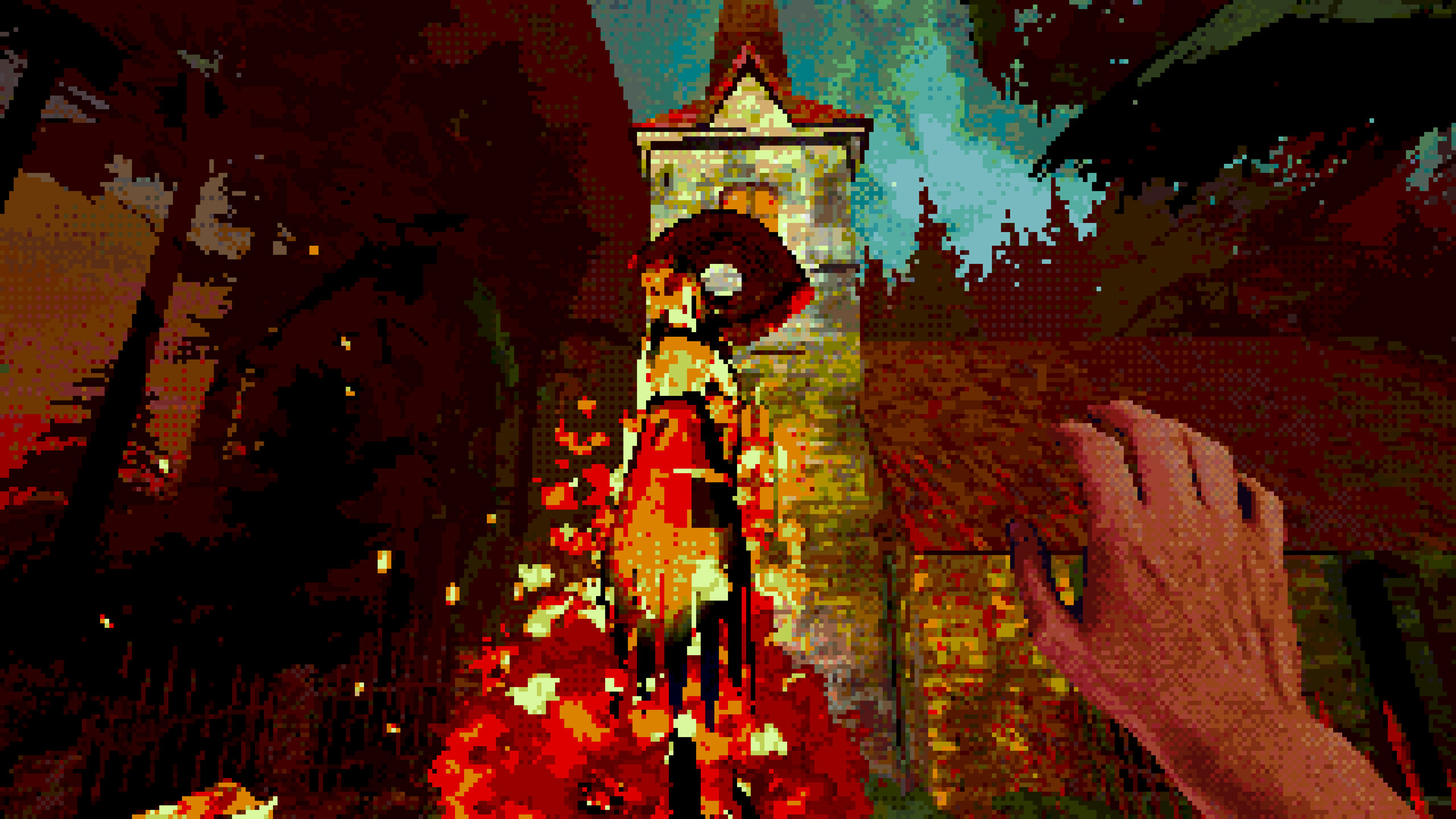 Official Eclipsium screenshot of the Wanderer facing a burning church-like gate