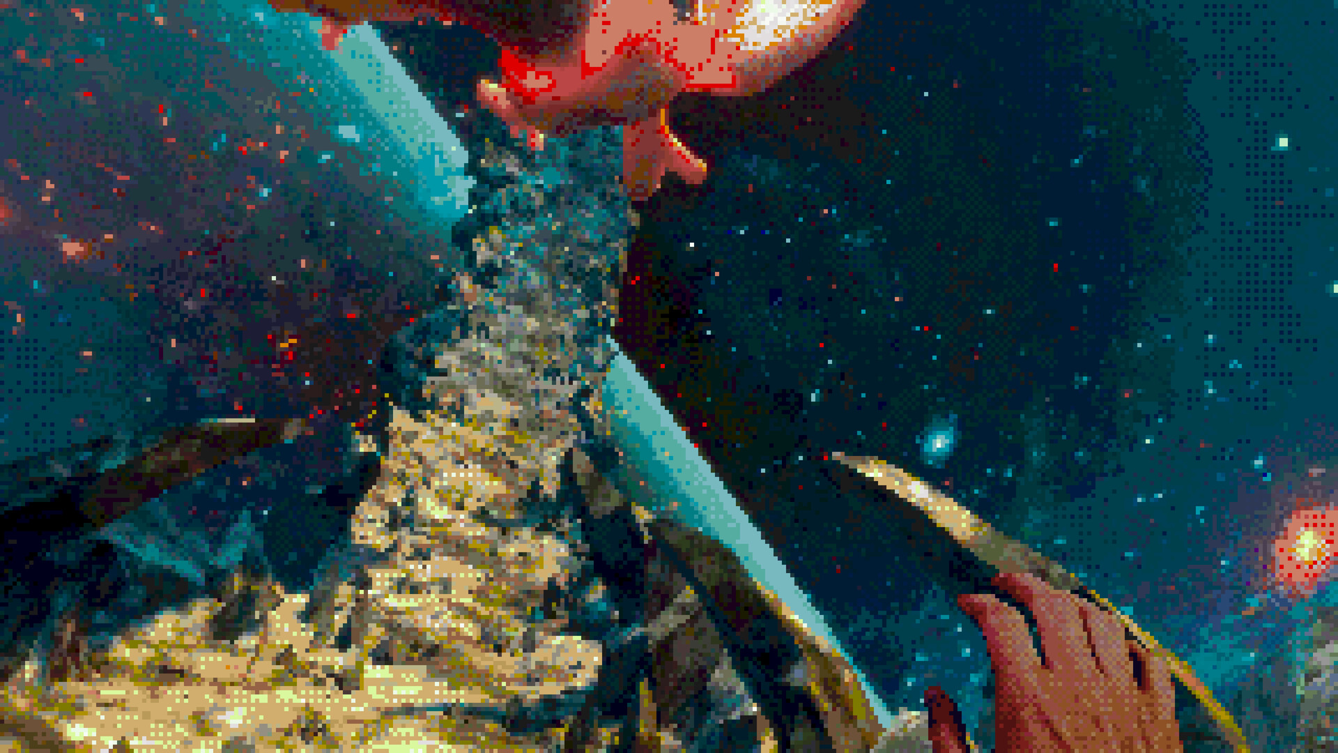 Official Eclipsium screenshot of the Wanderer crossing a blue cosmic landscape