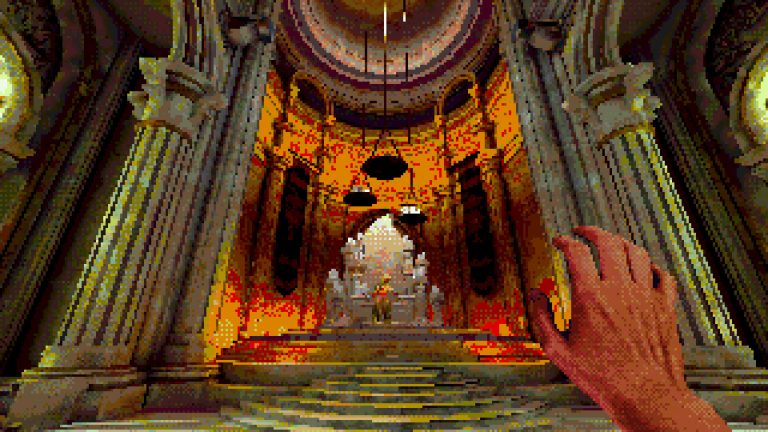 Official Eclipsium screenshot of the Wanderer approaching a surreal illuminated hall