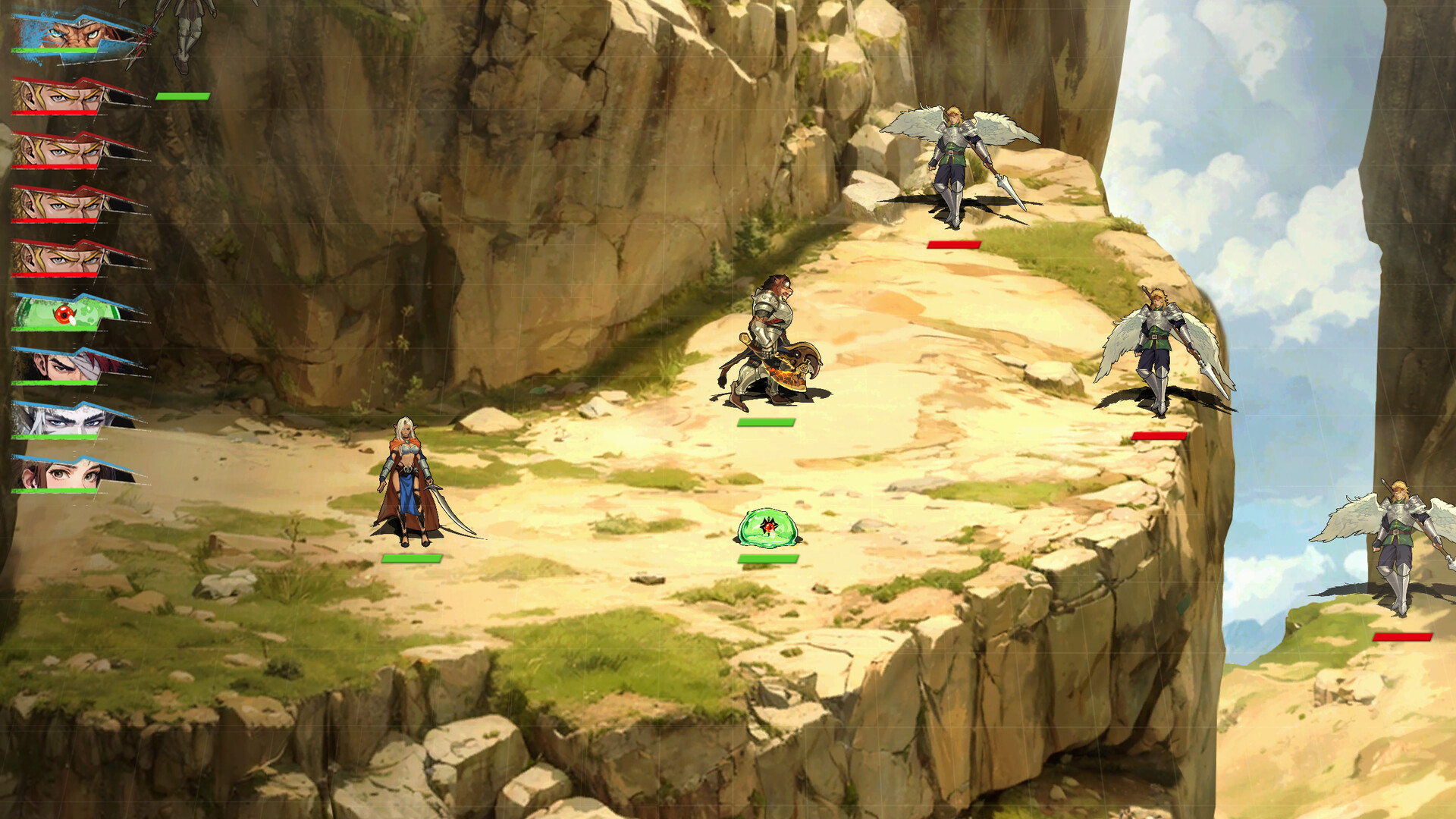 Captura oficial de The Legend of Fancy Realm Remake con personajes distribuidos en un mapa de batalla junto a un acantilado