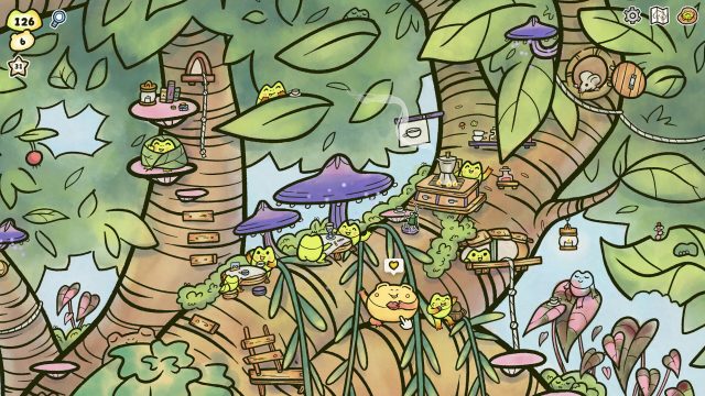 Official Find My Frogs Branches screenshot showing the hand-drawn Upper Moss Glade tree village