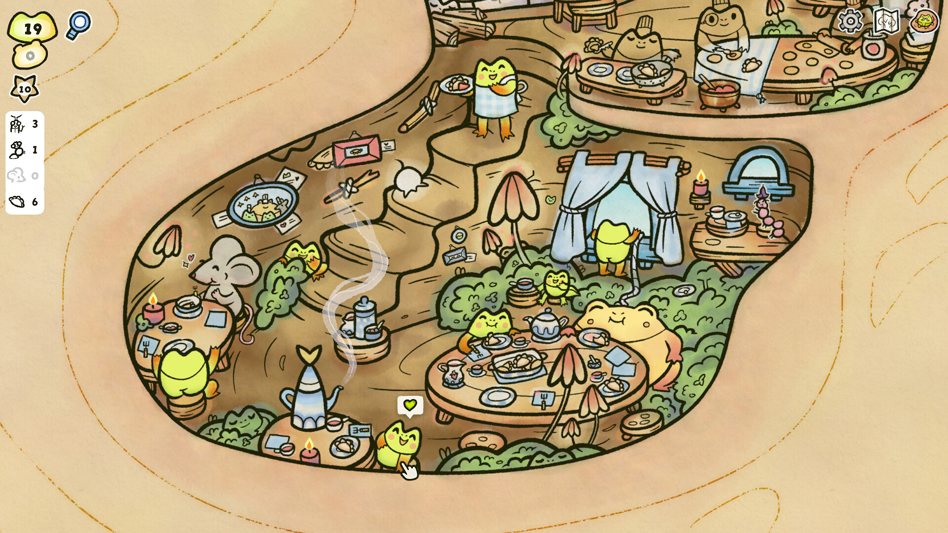 Official Find My Frogs Branches screenshot showing a busy house scene with frogs and interactive objects