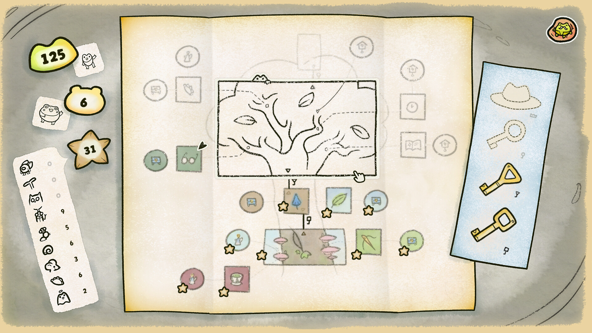 Official Find My Frogs Branches screenshot of the map, counters, key shapes, and location checklist
