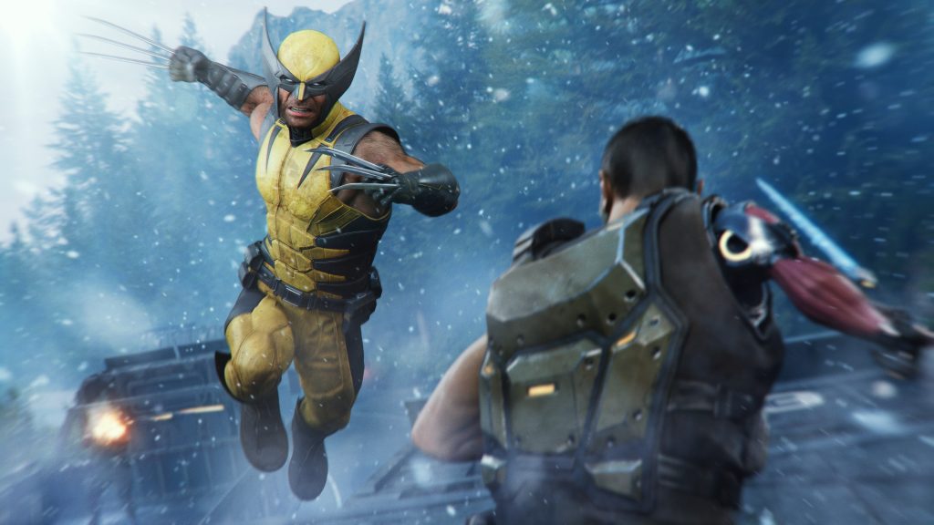 Wolverine leaping toward a Reaver in the snowy Canadian wilderness