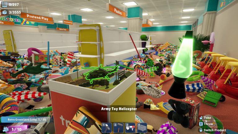 Official Megastore Tidy Up Together screenshot showing the Toy Store product pile, shelf counter, product counter, and carrying slots