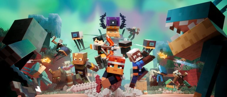 Minecraft Dungeons II heroes facing illager enemies in official key art