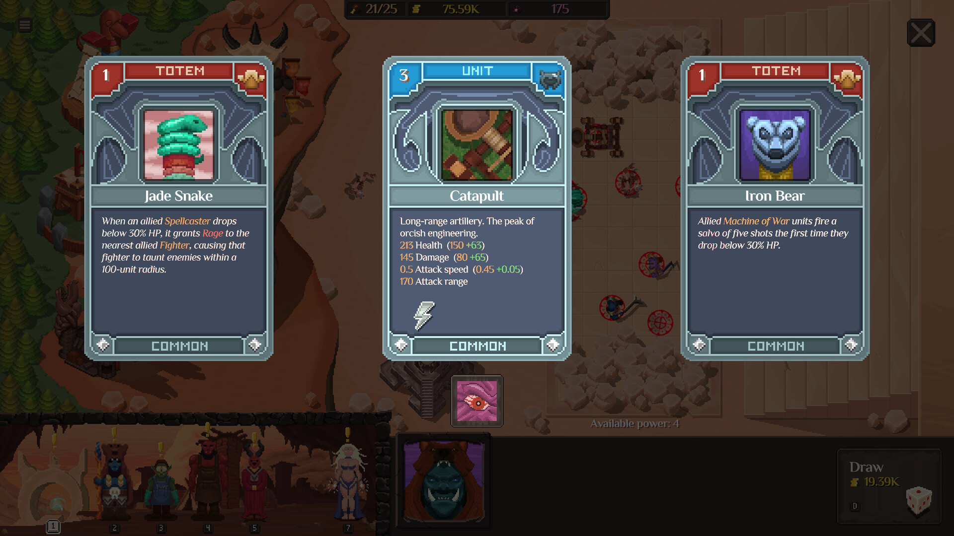 Tirage de cartes d'Orc Incremental proposant un Jade Snake Totem, une unité Catapult et un Iron Bear Totem
