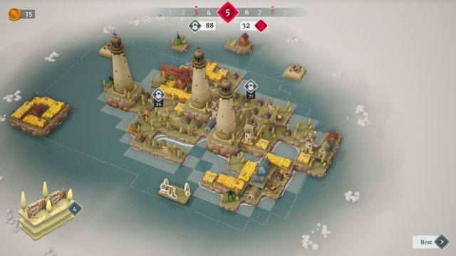 Official ShoreTiles screenshot showing a developed island with several lighthouses and separated land sections