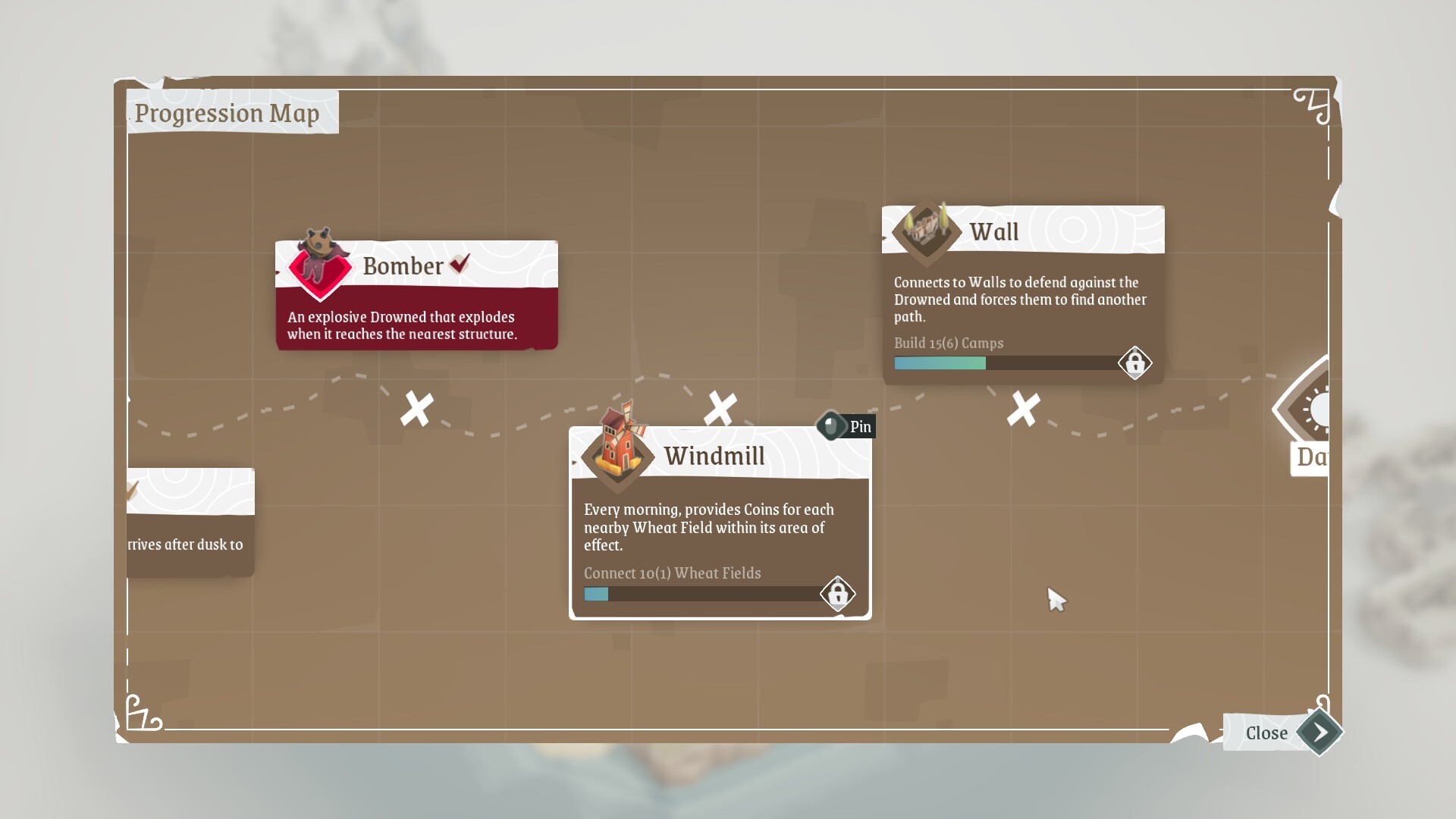 Progression Map officielle de ShoreTiles montrant les descriptions de déblocage de Wall et Windmill
