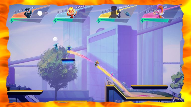 Official SpeedRunners 2 screenshot showing four runners racing across a bright outdoor course