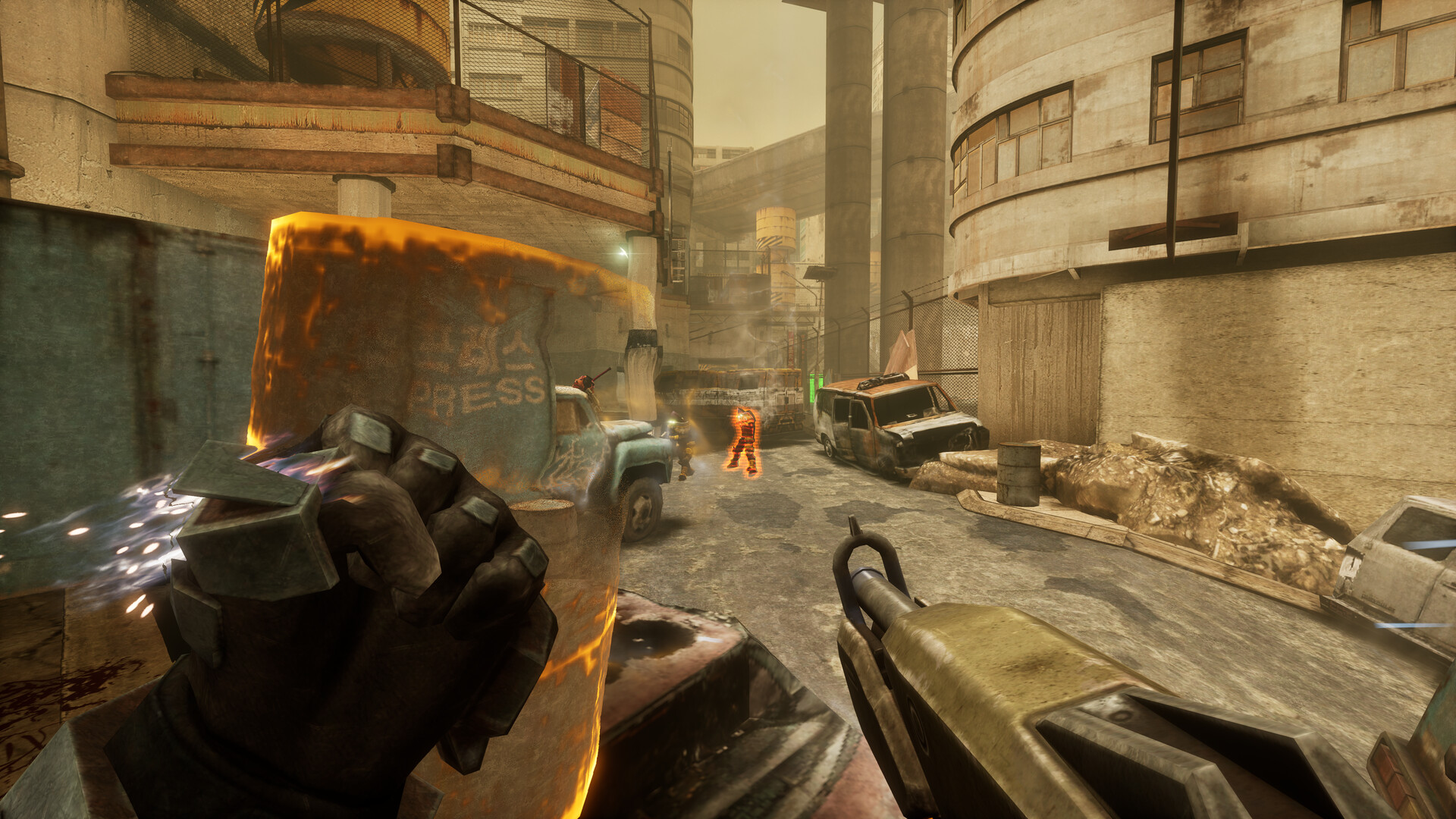 FIVE holds up the Gravity Shield during a street fight in SPRAWL zero