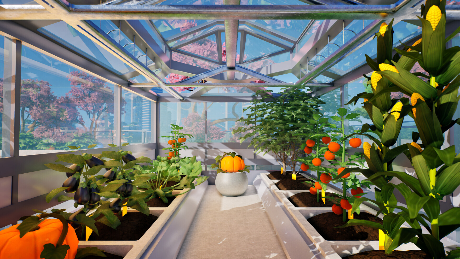Serre sur le toit dans Tiny Eden, remplie de légumes arrivés à maturité