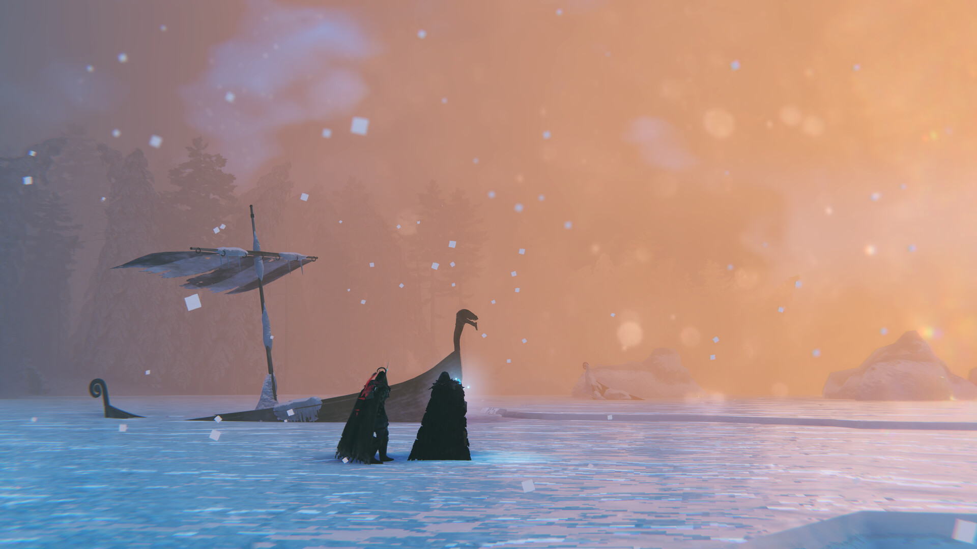 Captura oficial de Valheim de dos vikingos sobre el hielo de Deep North junto a un drakkar naufragado