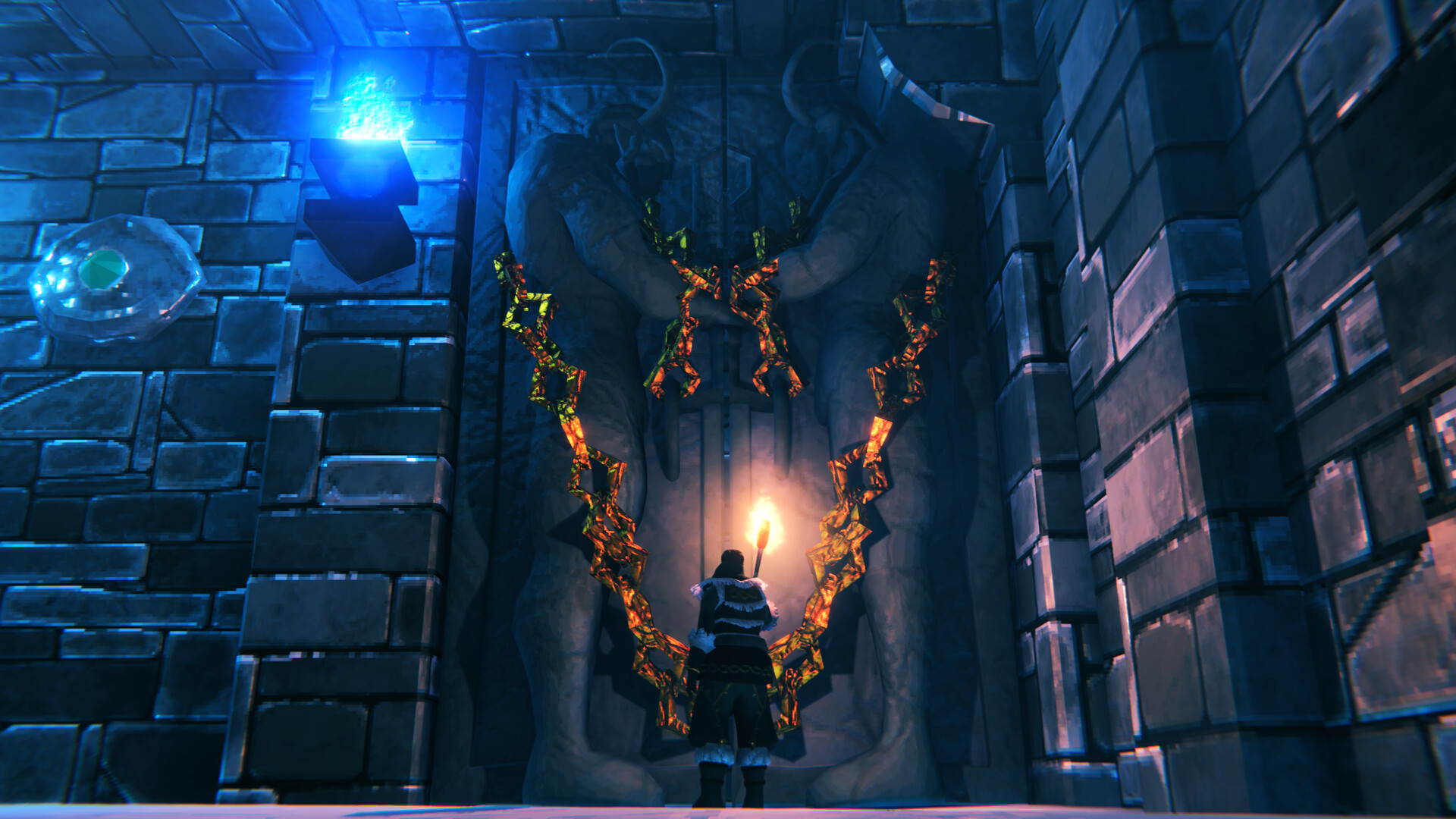 Captura oficial de Valheim de un vikingo frente a la entrada encadenada dentro de Mörkhalla