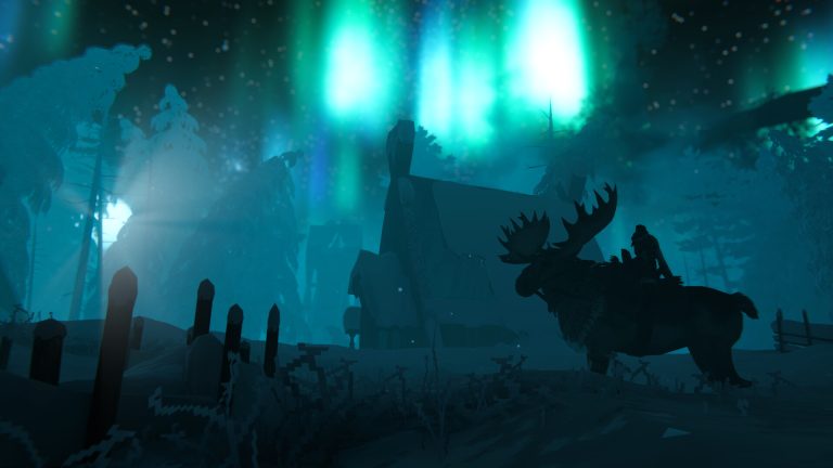 Official Valheim screenshot of a Viking riding a moose through a Deep North village under the aurora