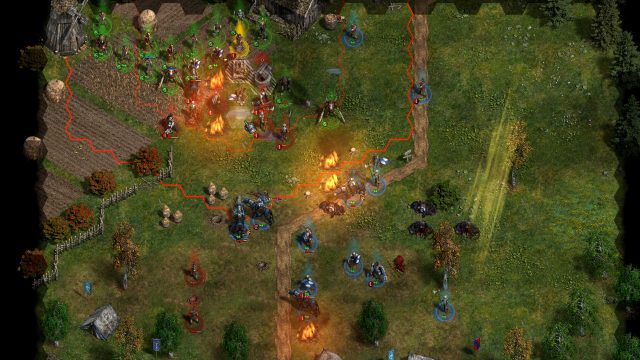 A large Veterum army fighting through a burning battlefield