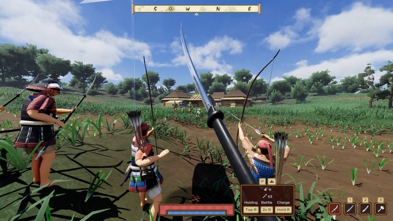 Official Warlord Awaji screenshot showing the Holding, Battle, and Charge order controls during an attack on a homestead
