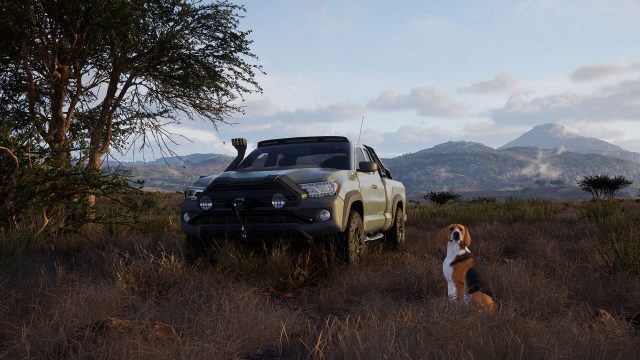A hunting dog waits beside a pickup truck in Way of the Hunter 2