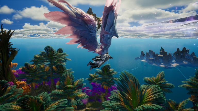 A character riding a pink-winged mount above coastal islands