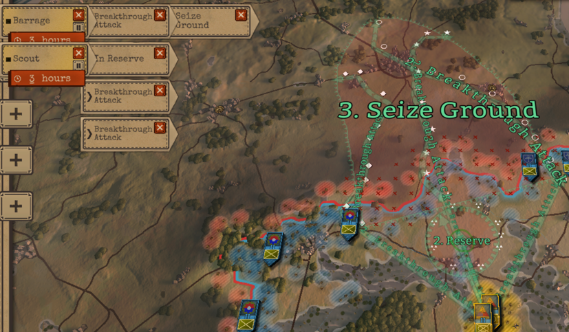 Complex Attack timeline with barrage scouting breakthrough reserves and Seize Ground