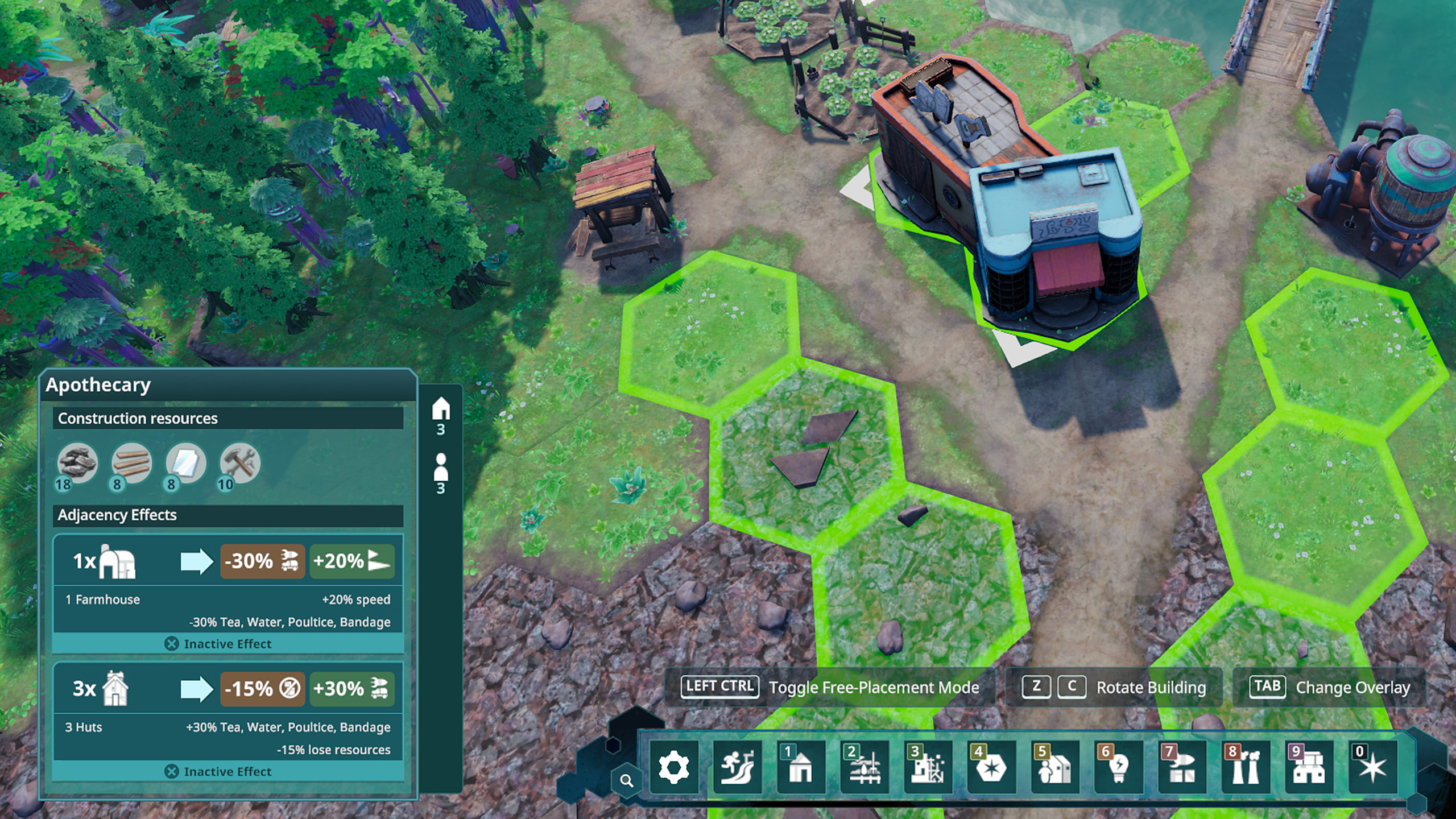 Apothecary placement preview showing adjacency bonuses and penalties beside highlighted hex tiles