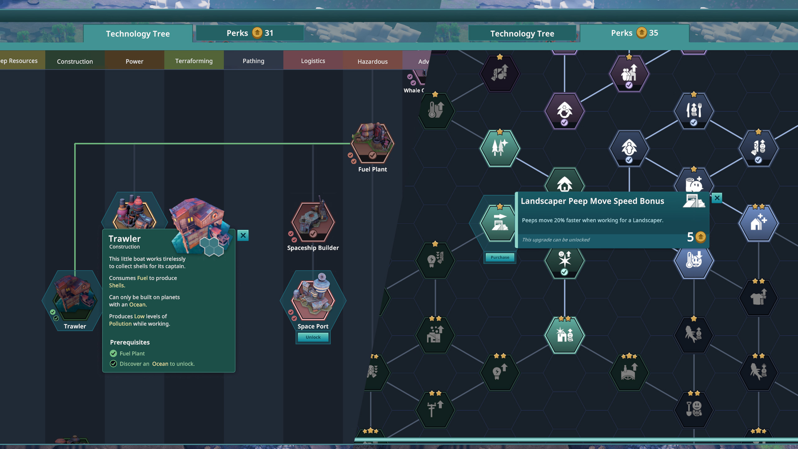 Technology Tree and Perks tabs with a Landscaper worker movement bonus selected