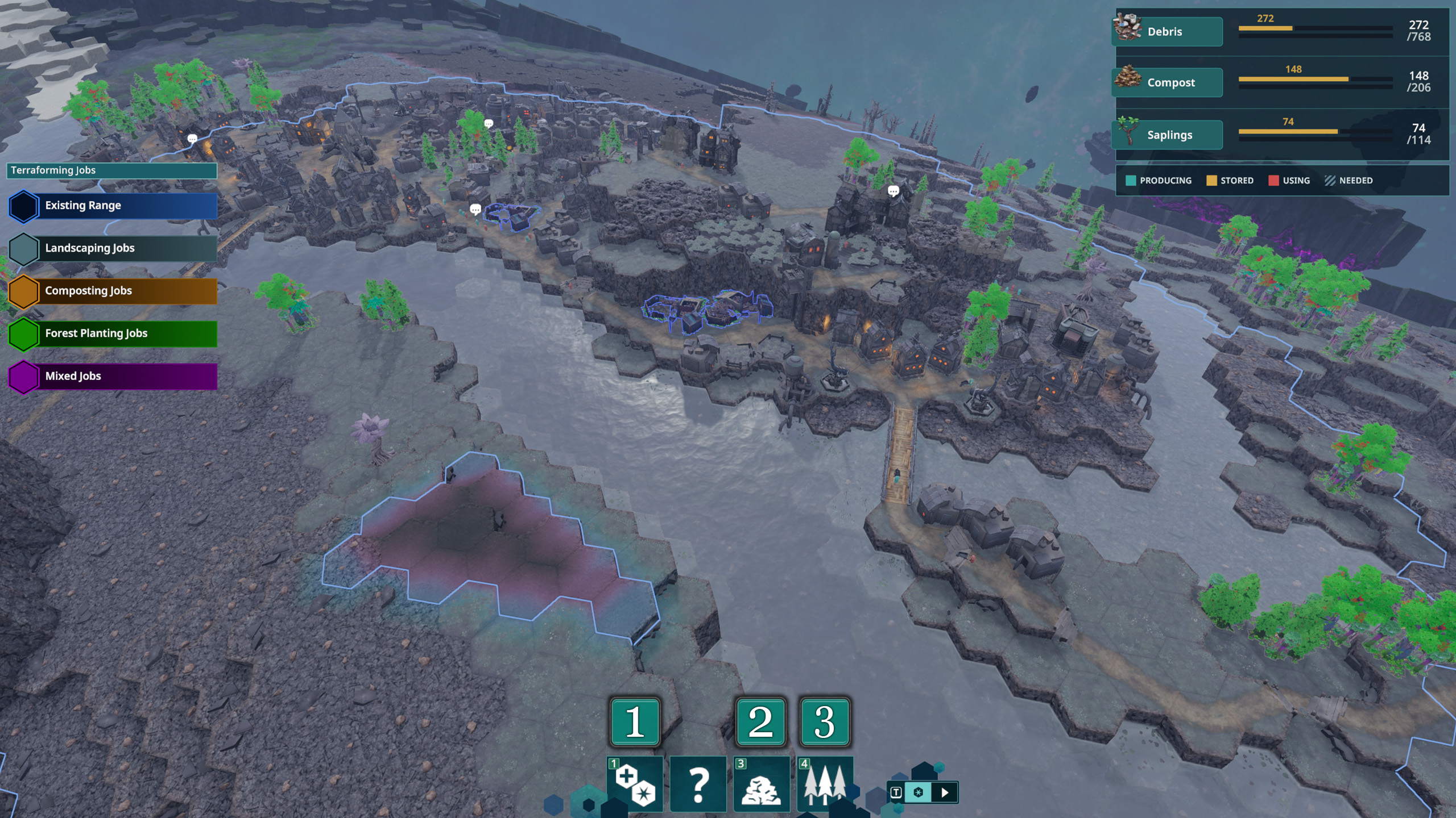 Terraforming overlay with job colors, Landscaper range and Debris Compost and Saplings totals