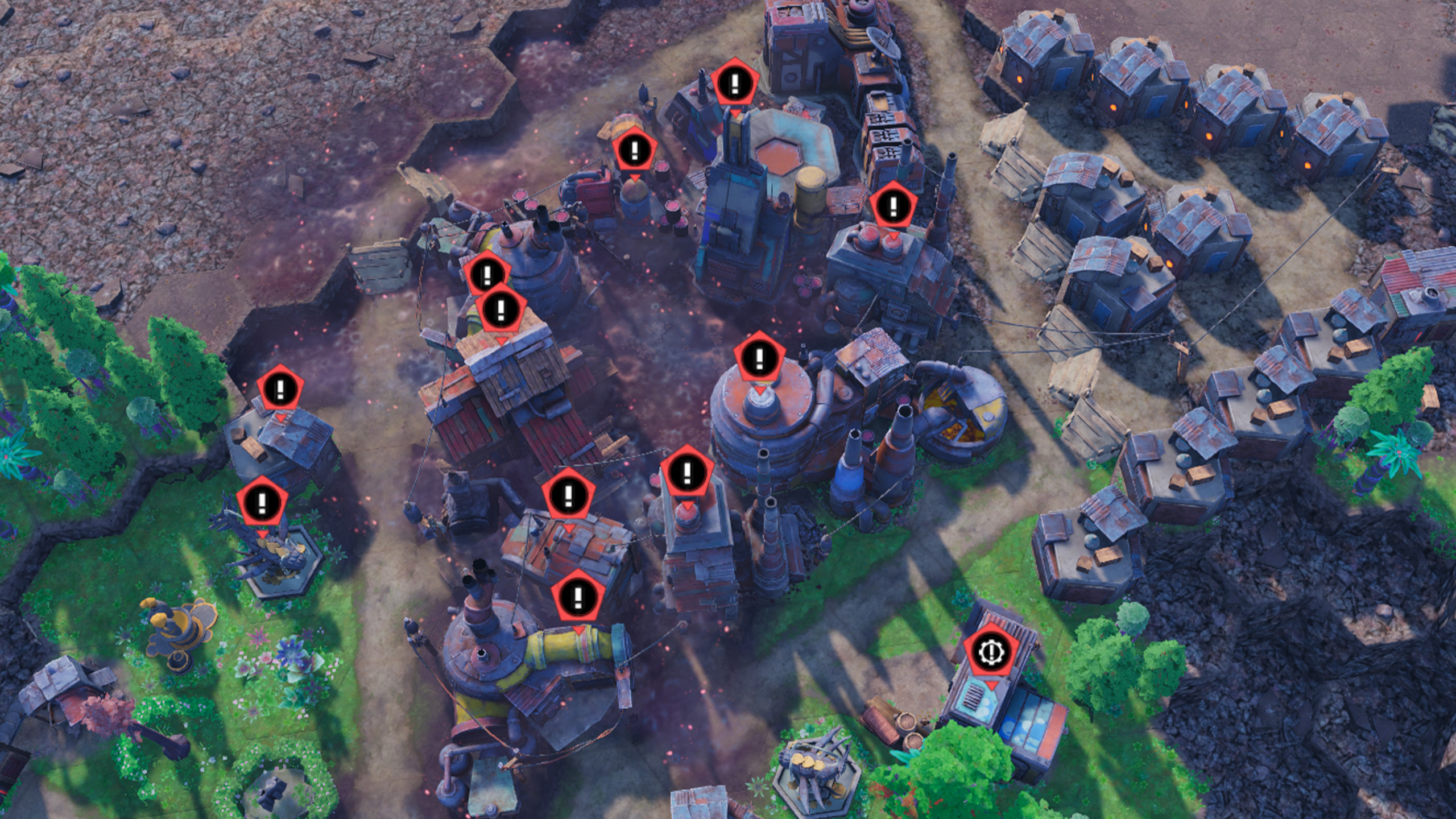 Industrial buildings on polluted ground with warning icons above them