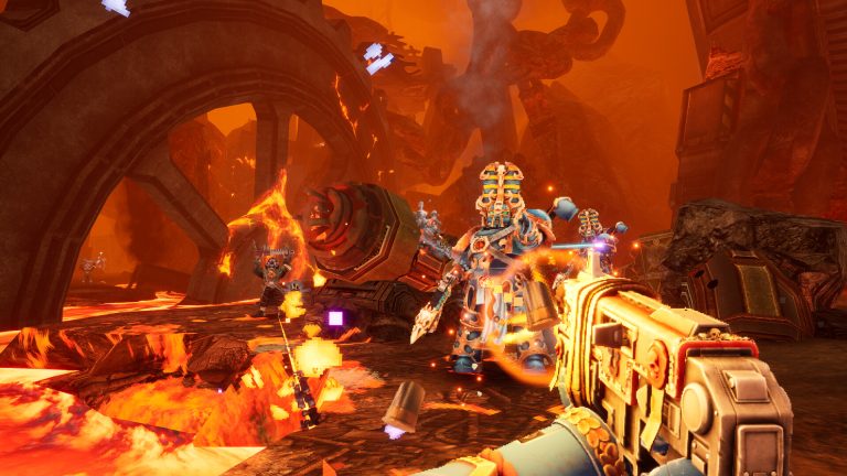 Malum Caedo firing a Boltgun at Chaos enemies in Warhammer 40,000: Boltgun 2