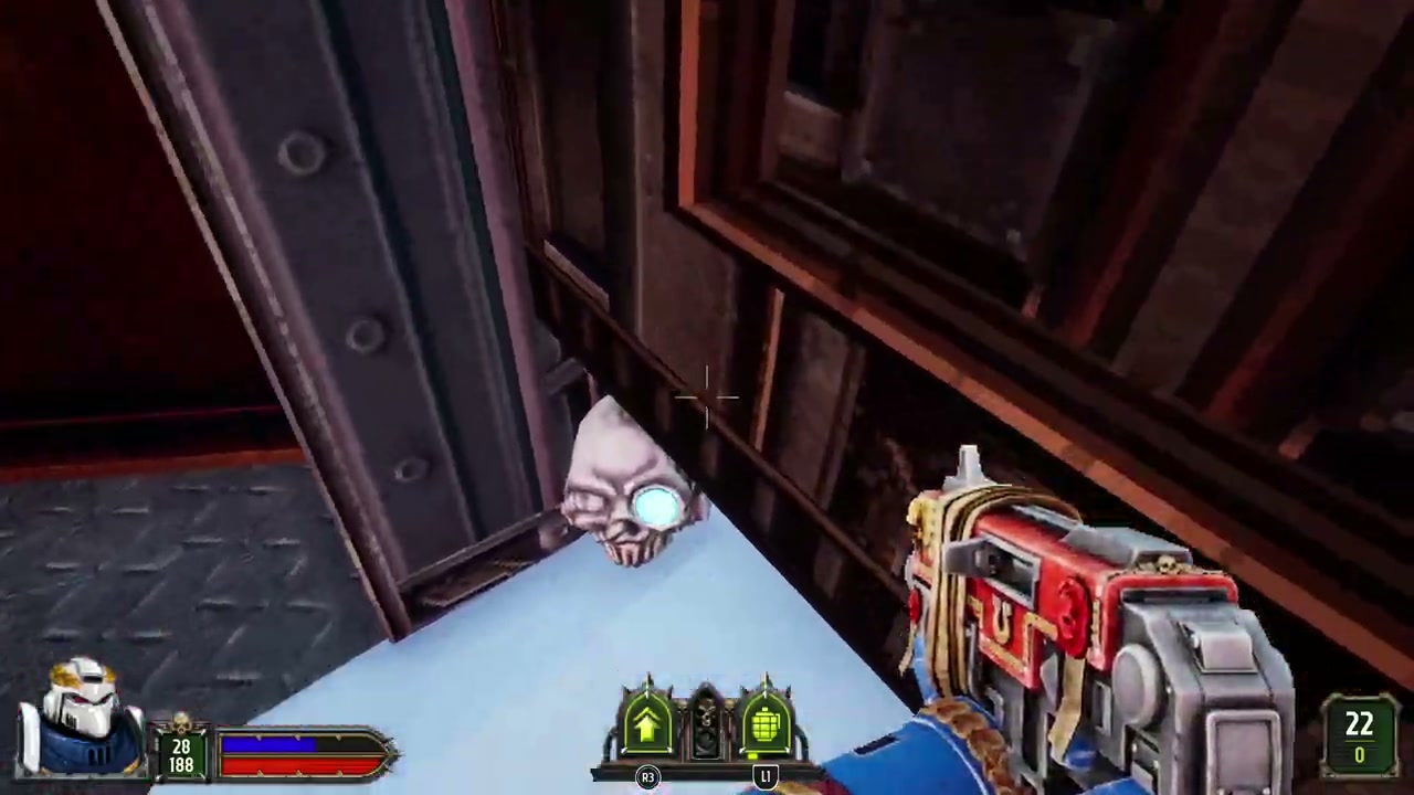 Small skull beside the snowy upper doorway in Bitter Bloodshed