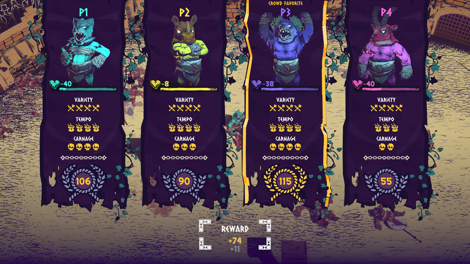 Battle results showing separate Variety, Tempo and Carnage ratings and the coin reward