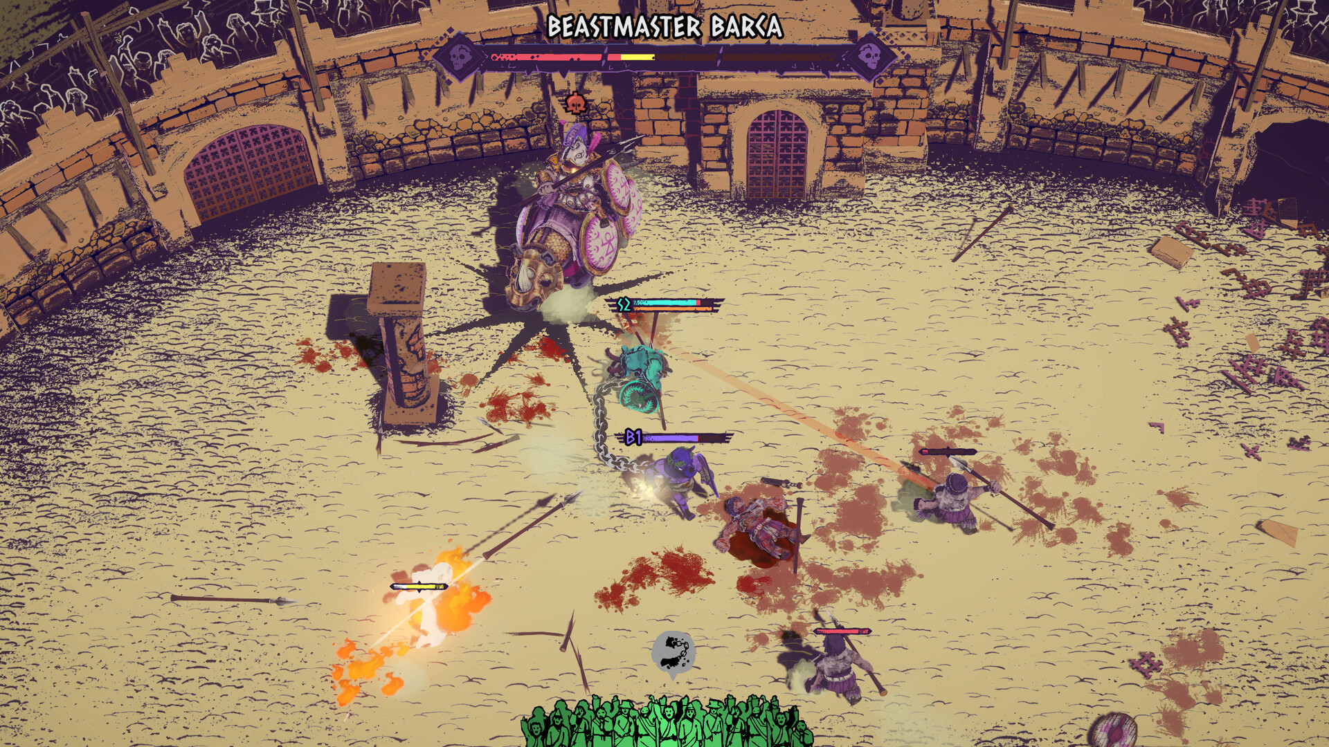 Beastmaster Barka mounted on the armored rhino beside a stone pillar
