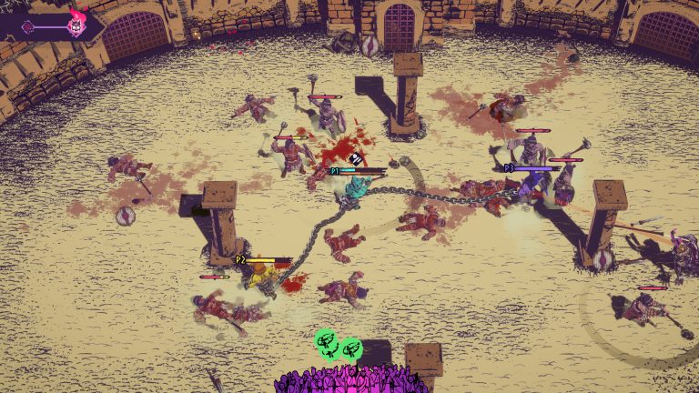 Gladiators fighting around stone pillars with chains stretched across the Carthage arena