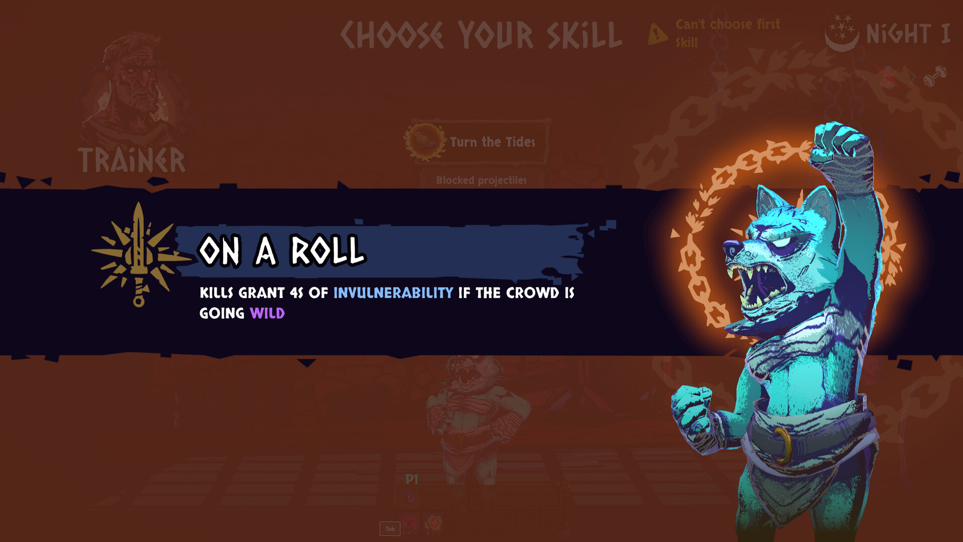 On a Roll skill description requiring the crowd to be going wild for its invulnerability effect