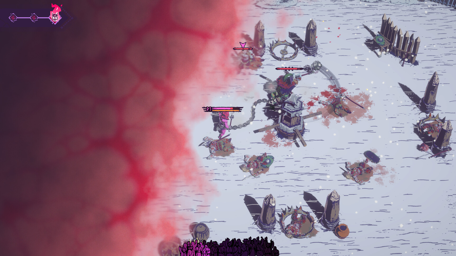 Snowy arena with spike structures and a fighter tethered beside a central obstacle