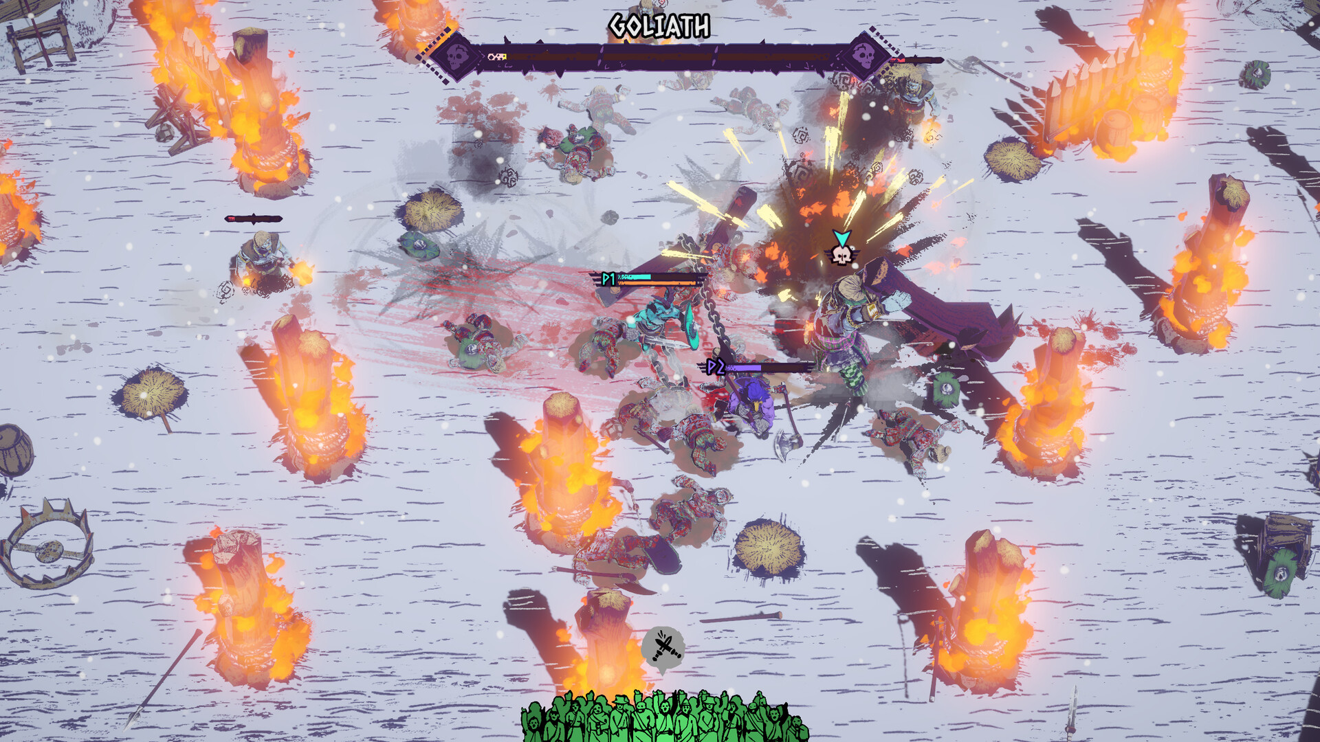 Goliath in the snowy arena surrounded by burning pillars and fighters