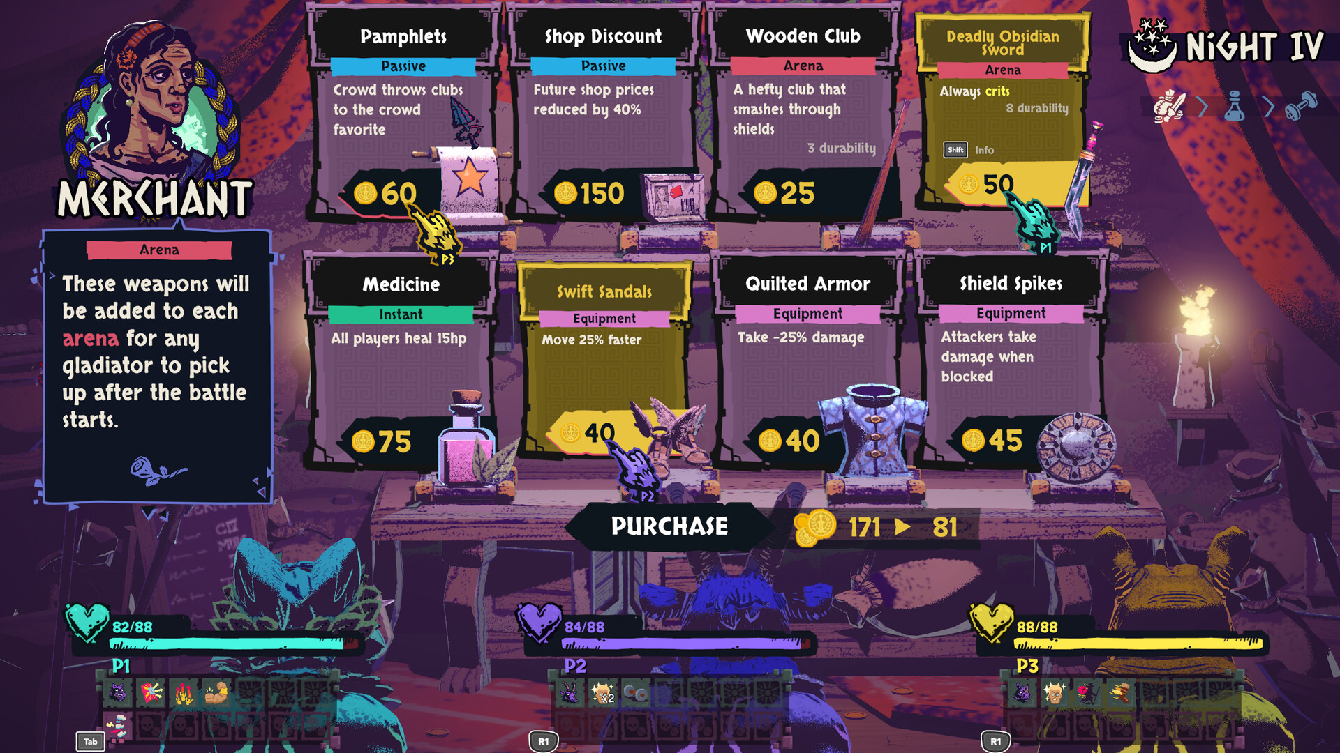 Merchant displaying Arena, Passive, Instant and Equipment items with the purchase total