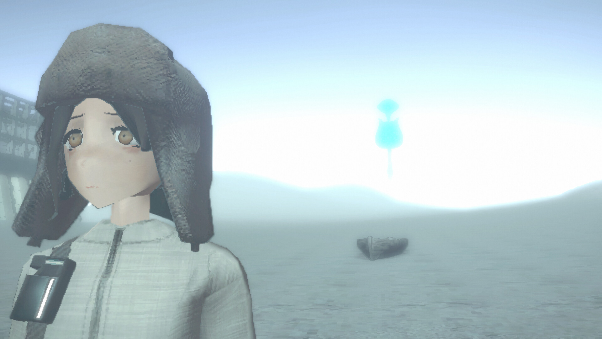 Sarah on the beach with a glowing Cyan figure behind her