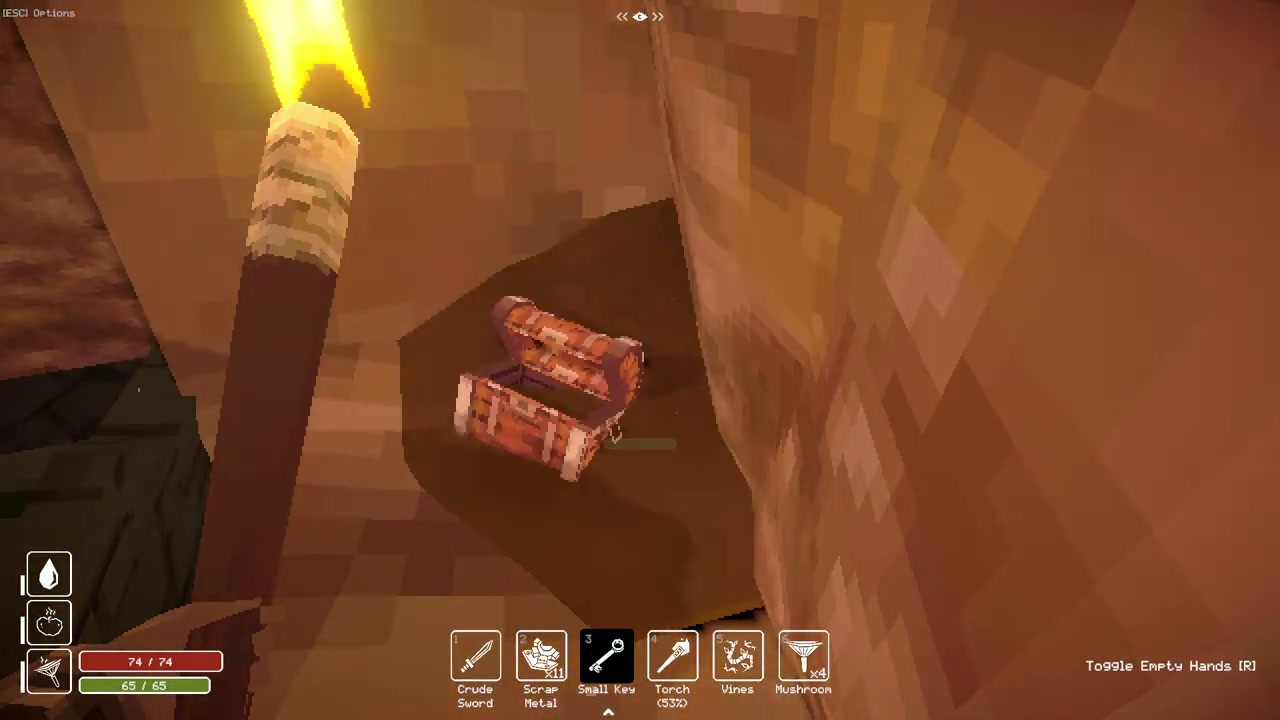 A small chest on a cave ledge, with the Small Key in the hotbar.