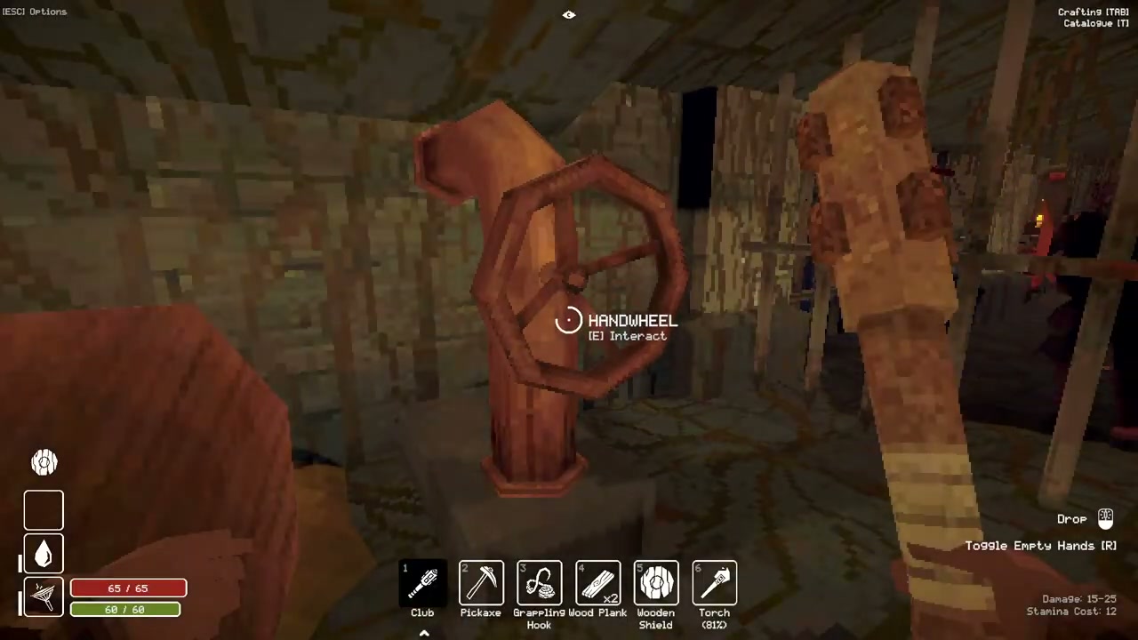 A red handwheel with its interaction prompt in a lower dungeon passage.