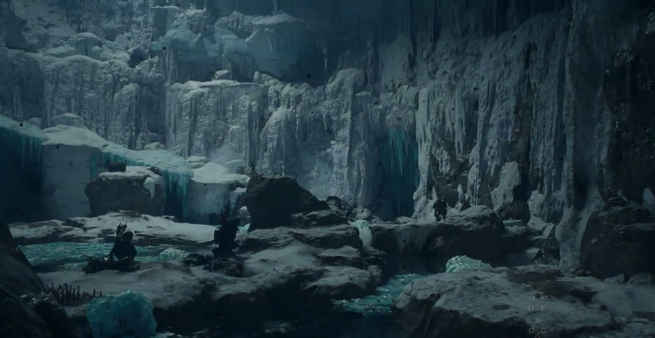 Rocky ledges crossing the underground lake in Snowfall Valley Cavity