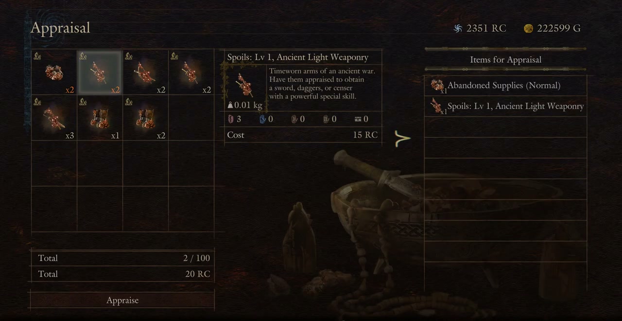 Appraisal menu showing Spoils, identification costs and items for appraisal
