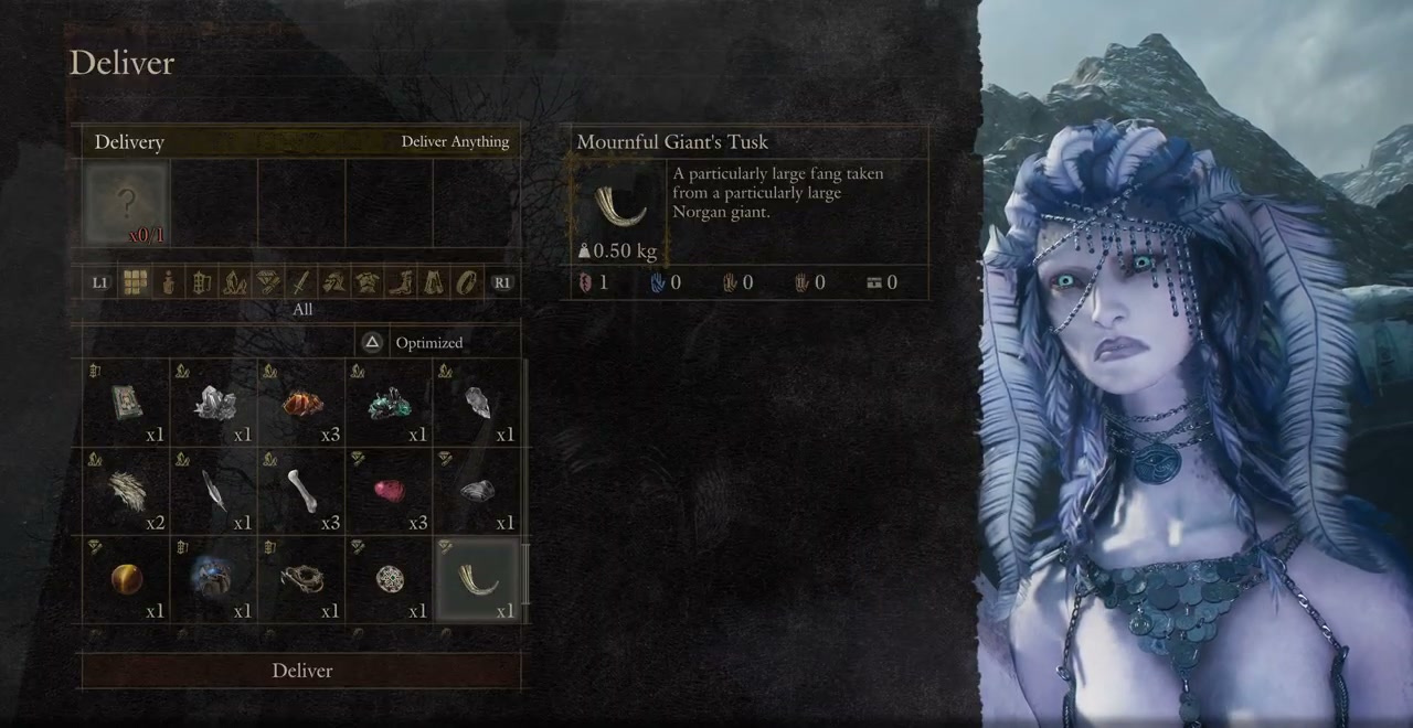 Delivery menu with the Mournful Giant's Tusk selected