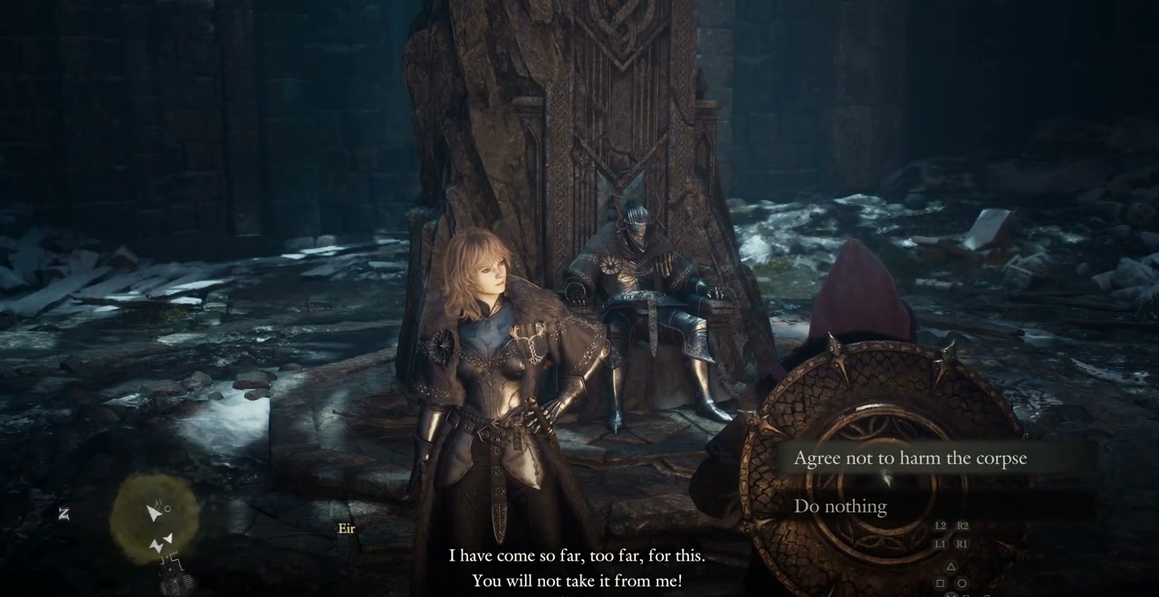 Eir dialogue menu offering Agree not to harm the corpse and Do nothing