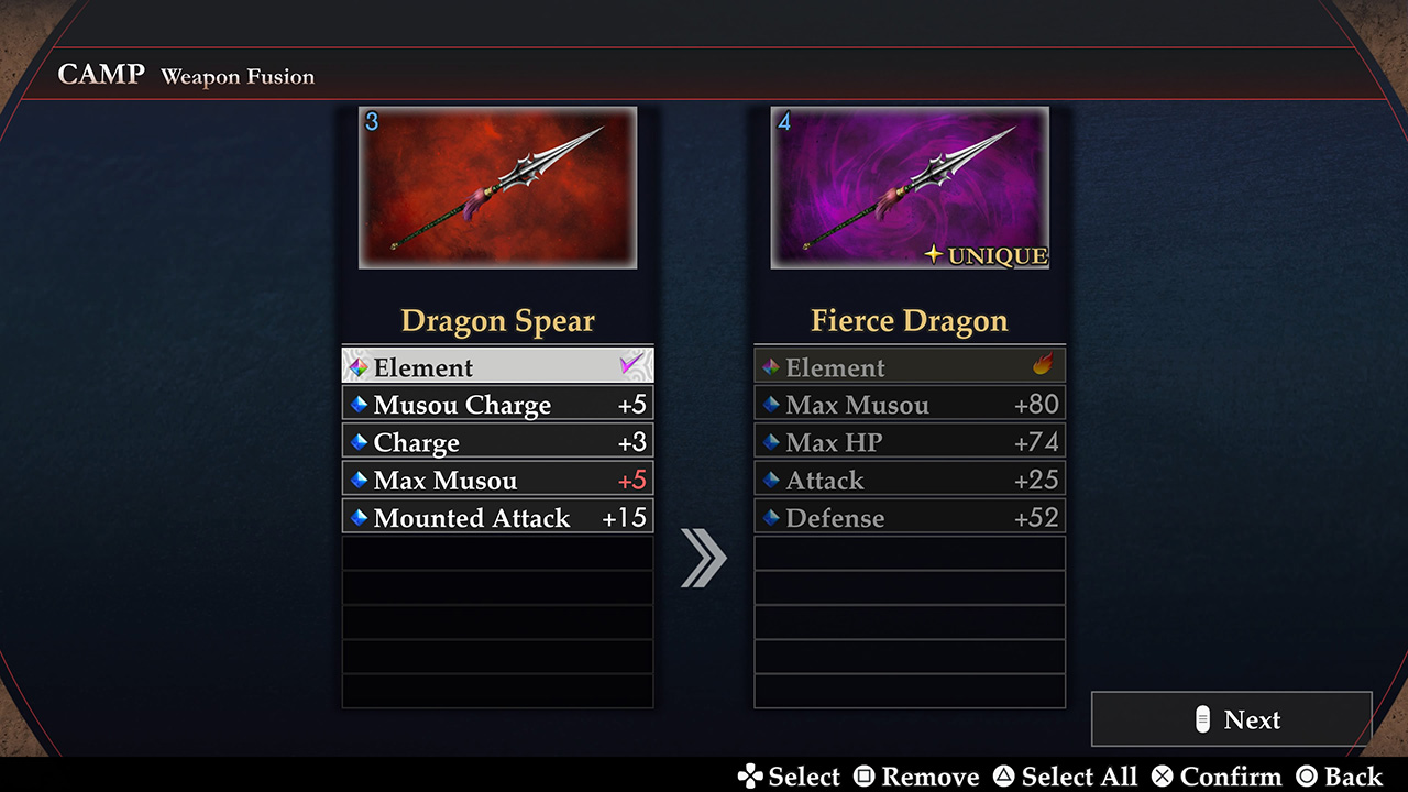Weapon Fusion screen comparing Dragon Spear and Fierce Dragon with selectable properties